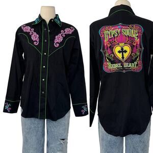 Gypsy Soule Embroidered Rebel Heart Western Button-Down Black Shirt | MEDIUM